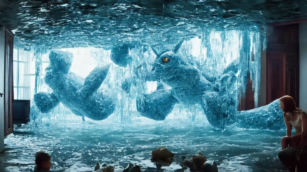 Image similar to a giant pokemon made of water and ice moves through the living room, film still from the movie directed by Denis Villeneuve with art direction by Salvador Dalí, wide lens