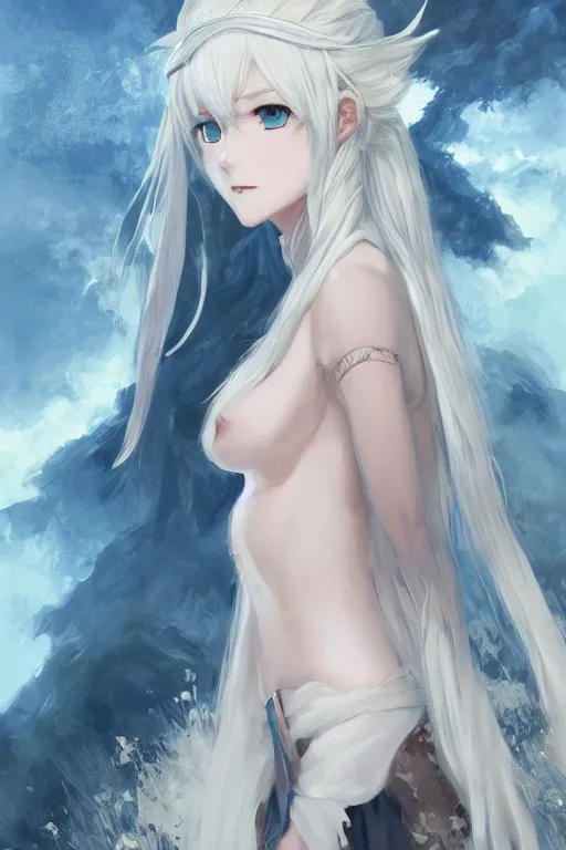 Image similar to an anime portrait of a white hair female viking, long wild hair, pale blue eyes, smirking, by WLOP, Stanley Artgerm Lau, Rossdraws, James Jean, Andrei Riabovitchev, Marc Simonetti, and Sakimichan, trending on pixiv, fully clothed, fully dressed