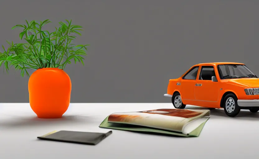 Image similar to a small miniature of a orange Toyota Corolla KE20 on a white table near a book and a vase with a plant, hyperrealistic, concept art, octane render, unreal engine 5, path tracing, complementary colors, calm, relaxing, serene, product photo, centered, symmetrical