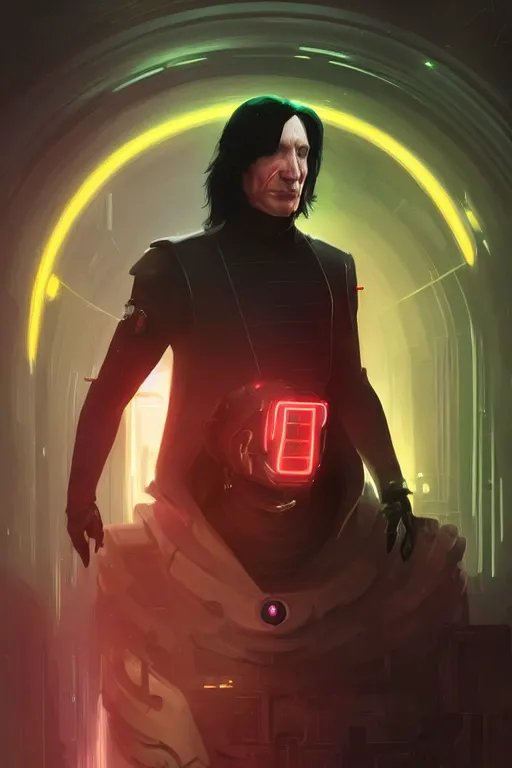 Image similar to portrait of cyborg severus snape in cyberpunk, neon lighting, night city, digital art from artstation by Ruan Jia and Mandy Jurgens and Artgerm and william-adolphe bouguereau and Greg Rutkowski