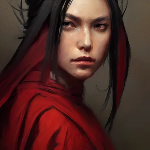 Image similar to portrait of a woman by greg rutkowski, jedi princess, straight black hair, jedi robes, star wars expanded universe, she is about 2 0 years old, elegant, graceful, wearing red jedi robes, highly detailed portrait, digital painting, artstation, concept art, smooth, sharp foccus ilustration, artstation hq