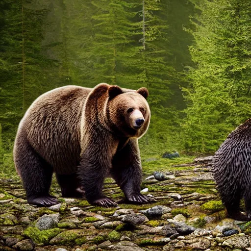 Prompt: grizzly bear and giant tardigrade meet in the forest, nature professional photography, national geographic