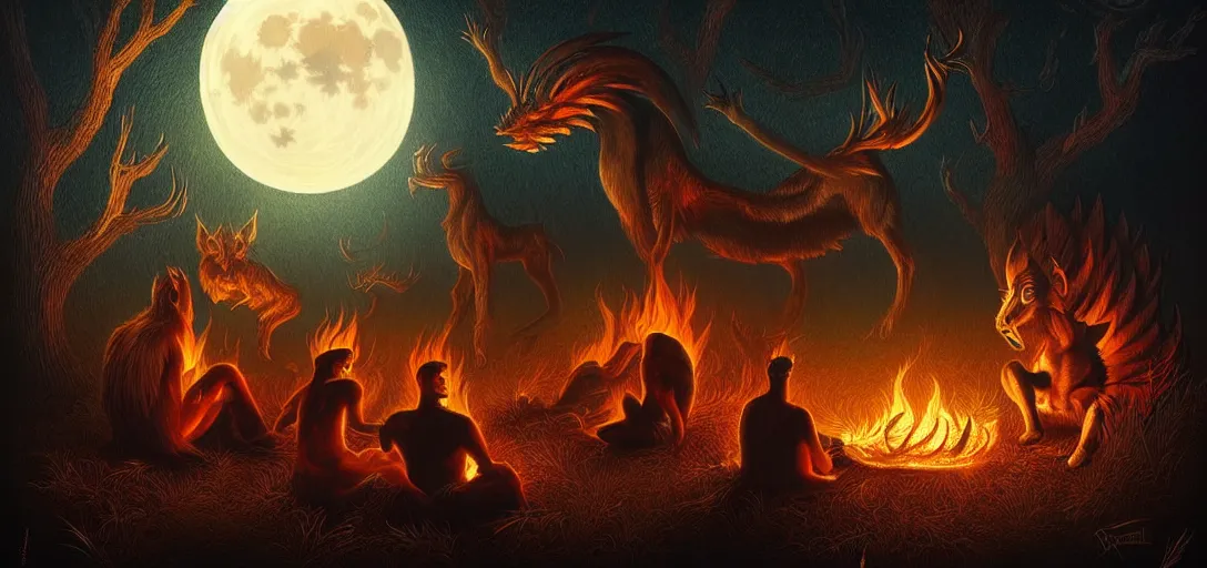 Image similar to strange mythical beasts of sitting around a fire under a full moon, surreal dark uncanny painting by ronny khalil