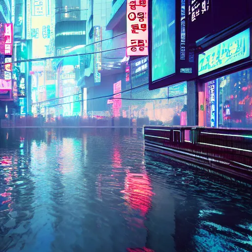 Prompt: cyberpunk flooded rainy south korea, seoul, boat, reflections, cinematic lighting, photorealistic, trending on artstation, storefronts made of neon lights, hyper realistic rendering photography, unreal 5 engine render, ultra wide angle, long shot, 8 k