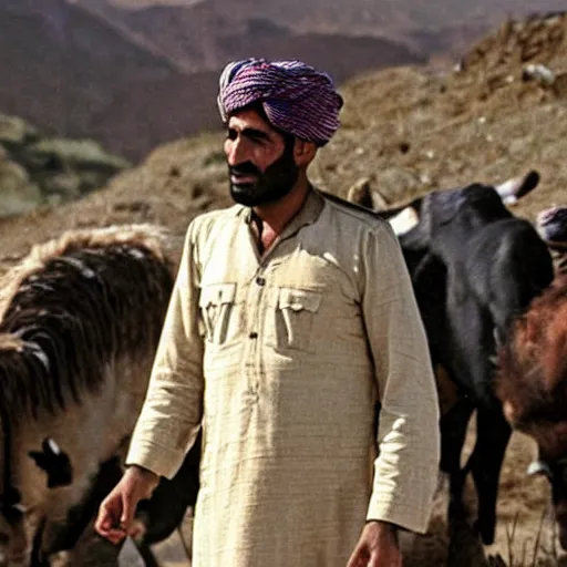 Prompt: Kurdish shepherd wearing Kurdish clothes in a movie directed by Christopher Nolan, movie still frame, promotional image, imax 70 mm footage