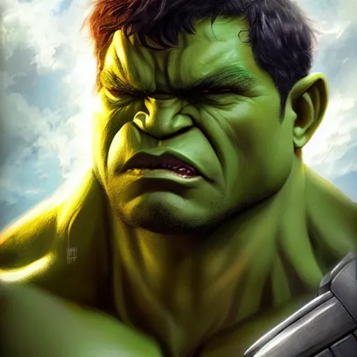 Image similar to characters portrait of Hulk mixed with Darkseid by ArtGerm and Tom Bagshaw, merged character, Full body shot, cinematic opening shot, 4k, highly detailed, cinematic lighting