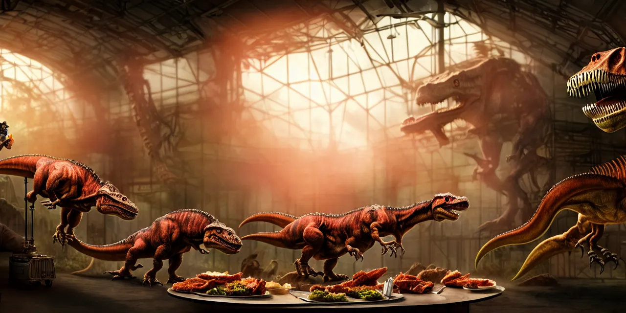 Prompt: small girl is feeding tyranosaur rex with meat from her hand, in futuristic zoo, in steam punk style, very high details, raytracing, back light, raymarching, by ilm, by digital domain, by weta digital