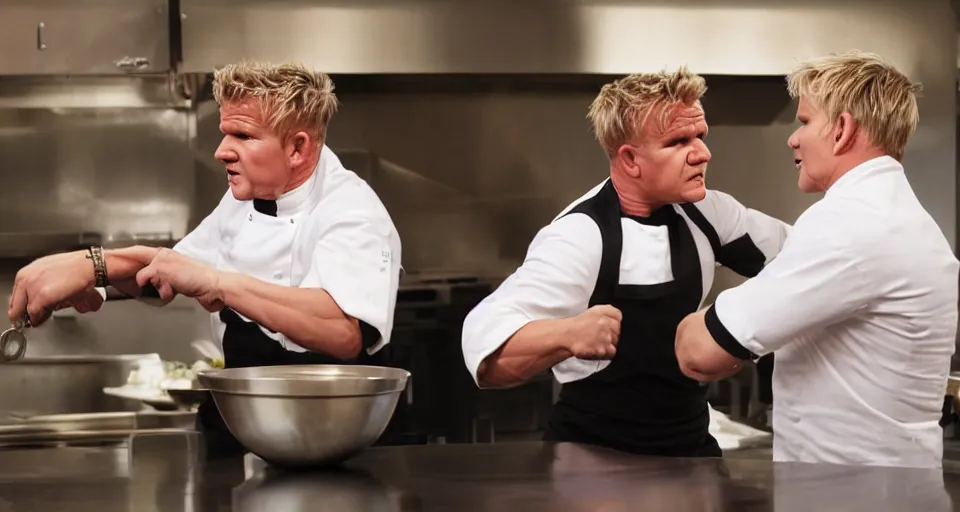 Image similar to photo of angry furious Gordon Ramsay punching Gordon Ramsay at the kitchen