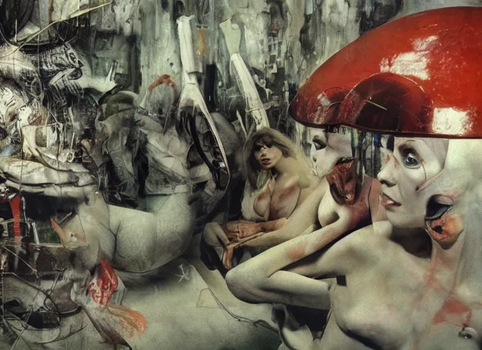 Image similar to wild underground scene from a 7 0's movie by chris cunningham, kenneth anger and alejandro jodorowsky : : surreal dream scene of actresses turning into animals in urban setting : : close - up, concept art, painting by enki bilal, tim walker, adrian ghenie 4 k