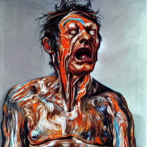 Prompt: high quality high detail painting of a man in agony by lucian freud and jenny saville and francis bacon, hd, anxiety, turquoise and orange