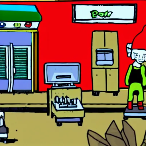 Image similar to Baldi from Baldi's Basics shopping for video games in London in the style of a 90's era cartoon.