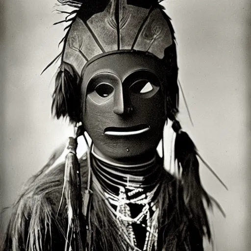 Prompt: vintage photo of a native american shaman mask by edward s curtis, photo journalism, photography, cinematic, national geographic photoshoot