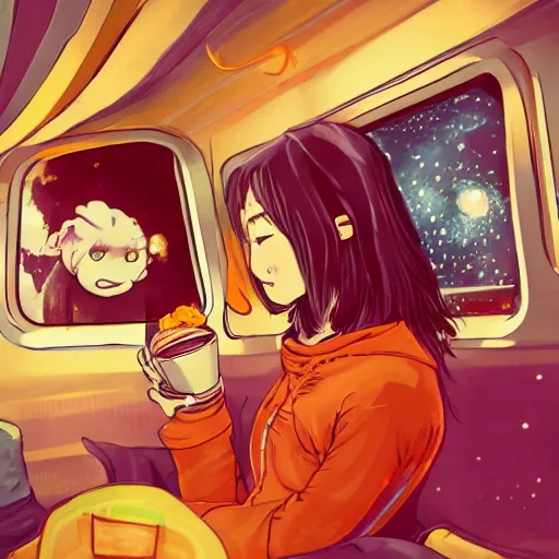 Prompt: girl sitting on a subway train eating cup noodles, the interior of the train is decorated like a teenager's room, galaxies are seen from the train window, anime, digital art, still film