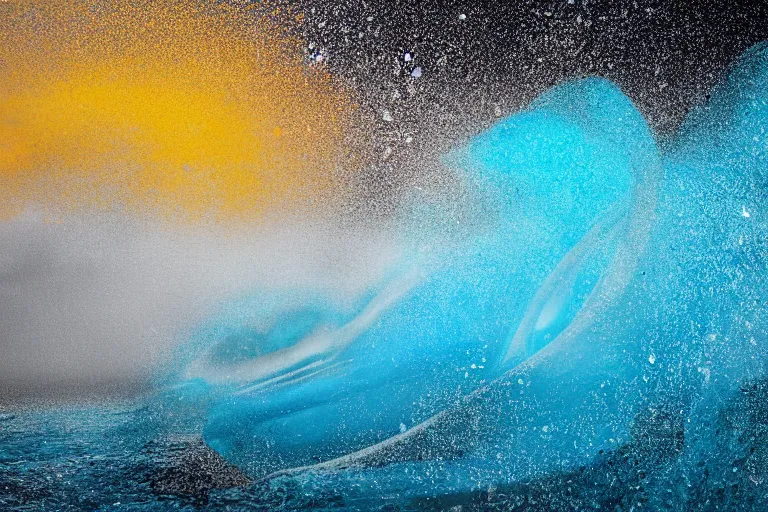 Prompt: big wave of water particles, light blue, yellow orange, and light brown colors, white foam, complex curl noise, vortex, simulation, reflection, featured on behance, uhd image, media art, motion graphic, particles, fluids, 3 d, rendering, octane