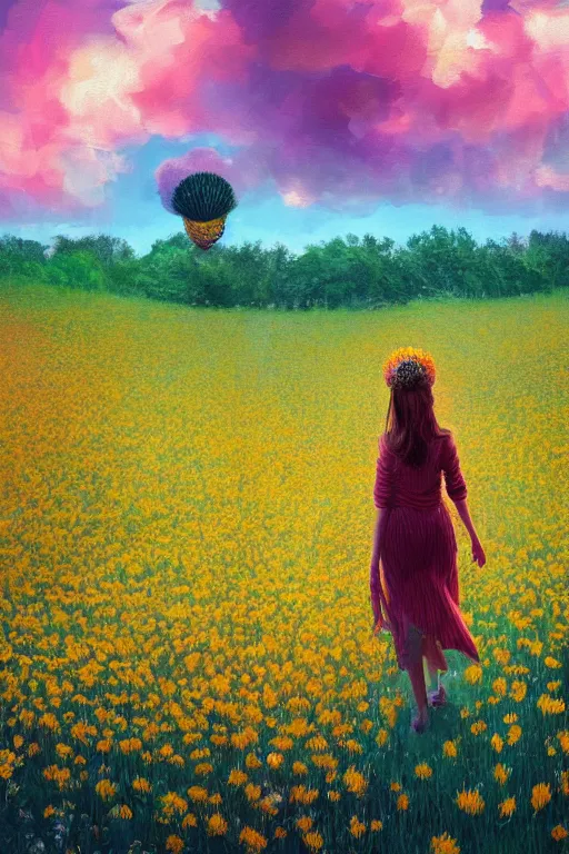 Image similar to giant corn flower head, girl walking in a flower field, surreal photography, sunrise, dramatic light, impressionist painting, colorful clouds, digital painting, artstation, simon stalenhag