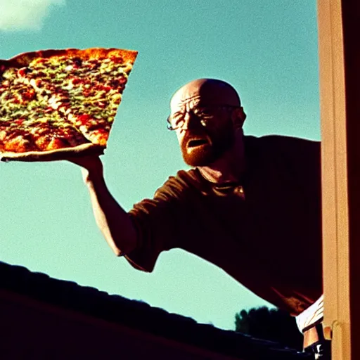 Image similar to walter white throwing a pizza onto the roof of a house, film still, wide shot, beautiful, ethereal, mythical