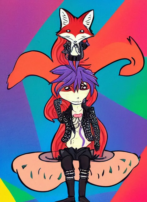 Image similar to A vintage painted illustration of an adorable chibi male rogue fox anime guy in the style of Lisa Frank Babs Tarr Hantine Hsu sitting in a couture leather and spike vest that has skulls on it