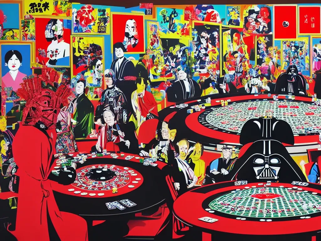 Image similar to hyper - realistic composition of a large room with an extremely detailed poker table in the center, woman in traditional japanese kimono standing nearby, darth vader sitting at the table, fireworks in the background, pop art style, jackie tsai style, andy warhol style, acrylic on canvas, dull palette