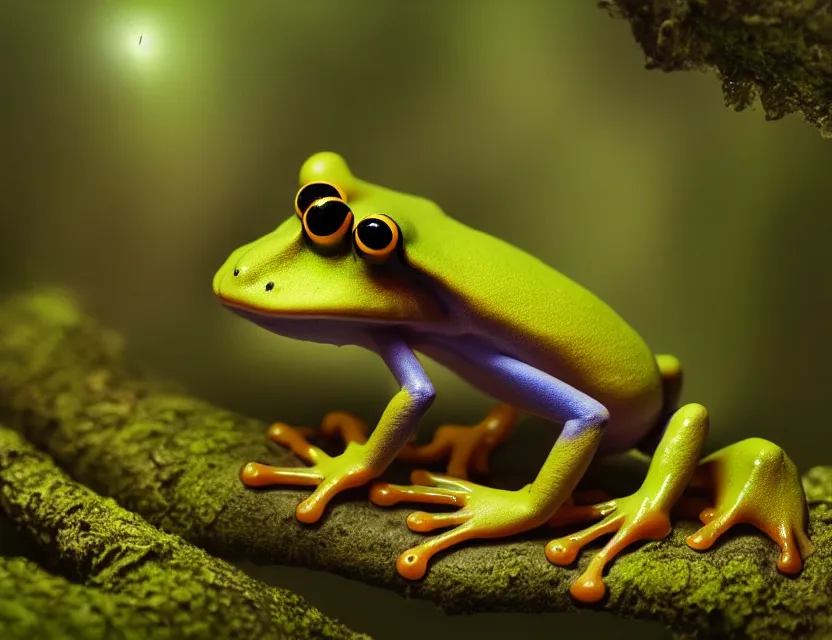 Prompt: anthro dart frog alchemist in the lichen woods. safe for work, muted complementary colors, anime still, luminescent, 4 k, chiaroscuro, rimlight.