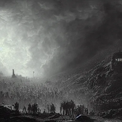 Prompt: apocalyptic landscape, fallout, soldiers, people in gasmasks, dark clouds, dark, eerie, dystopian, city, end times, illustration by Gustave Doré