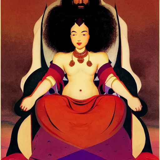 Image similar to an illustration of an ivory skin with dark curly hair queen on a throne, by nicholas roerich, by frank frazetta by georgia o keeffe by frederick william elwell, by hans emmenegger, by eyvind earle highly detailed, realistic, outline, line work, fantasy, oriental, stylised flat colors, animation