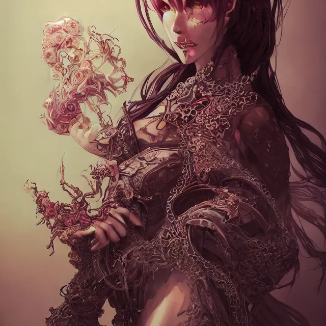 Prompt: the portrait of chaotic evil sensual female necromancer overlord as absurdly beautiful, gorgeous, elegant, corrupted young girl, an ultrafine hyperdetailed illustration by kim jung gi, irakli nadar, intricate linework, bright colors, octopath traveler, final fantasy, unreal engine 5 highly rendered, global illumination, radiant light, detailed and intricate environment