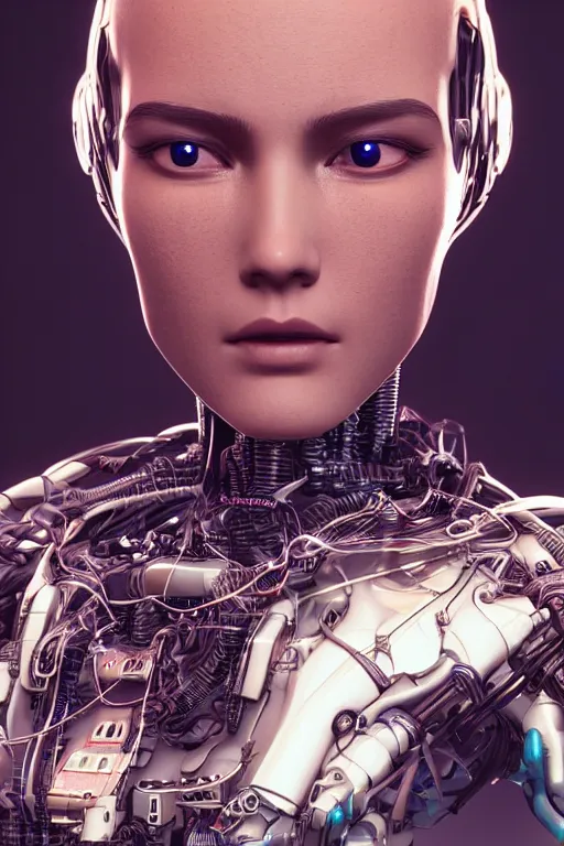 Image similar to close up headshot of a female android, intricately detailed mechanical parts, complicated circuits and wires, unreal engine, path tracing, 8k, artstation