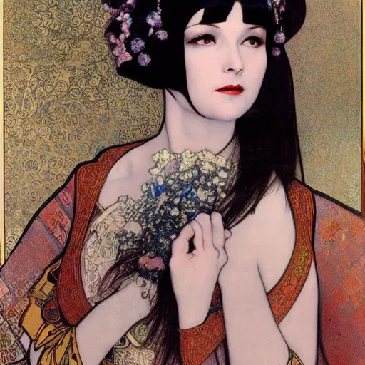 Image similar to louise brooks wearing an elaborate chinese cloud headdress beautiful detailed romantic art nouveau lithograph face portrait by alphonse mucha and gustav klimt, hauntingly beautiful refined moody dreamscape