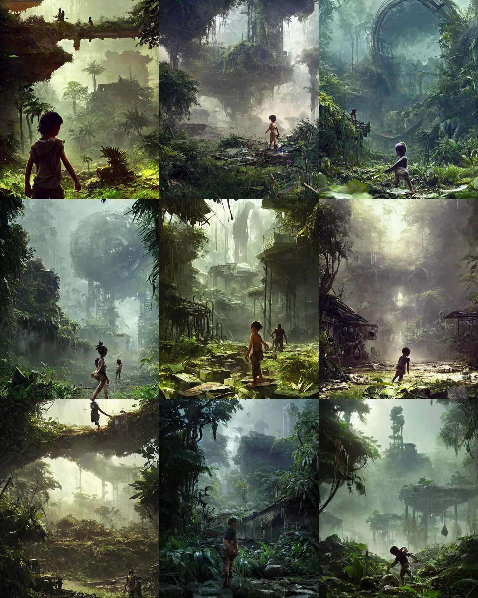 Prompt: a child playing in a lush overgrown post - apocalyptic jungle town, futuristic ruins, scifi character art by greg rutkowski, craig mullins, cinematic lighting, nature scifi apocalypse