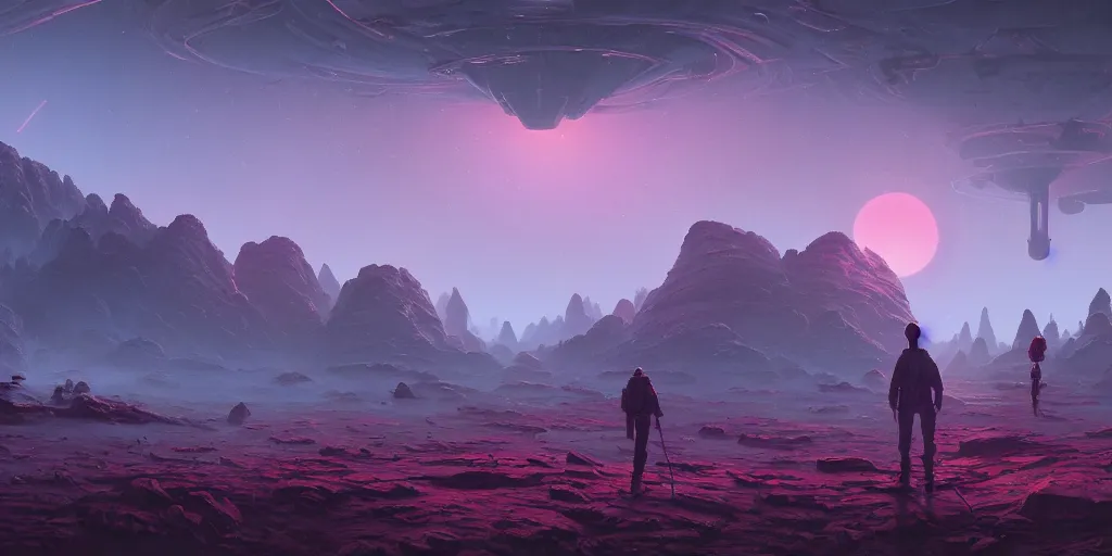 Image similar to an amazing alien landscape, digital art, breathtaking, extremely detailed, digital paintinghyperrealistic, dynamic lighting, particles, unreal engine, simon stålenhag, rendered by Beeple, Makoto Shinkai, syd meade, simon stålenhag, environment concept, trending on artstation, octane render, 4K UHD image