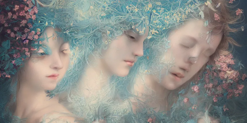 Image similar to breathtaking detailed concept art painting blend of two goddess of light blue flowers by hsiao - ron cheng with anxious piercing eyes, vintage illustration pattern with bizarre compositions blend of flowers and fruits and birds by beto val and john james audubon, exquisite detail, extremely moody lighting, 8 k