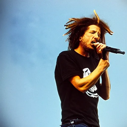 Prompt: Rage Against the Machine, live in concert, Zack de la Rocha, dreadlocks, 1994, live at Lollapalooza, 1994 VHS quality