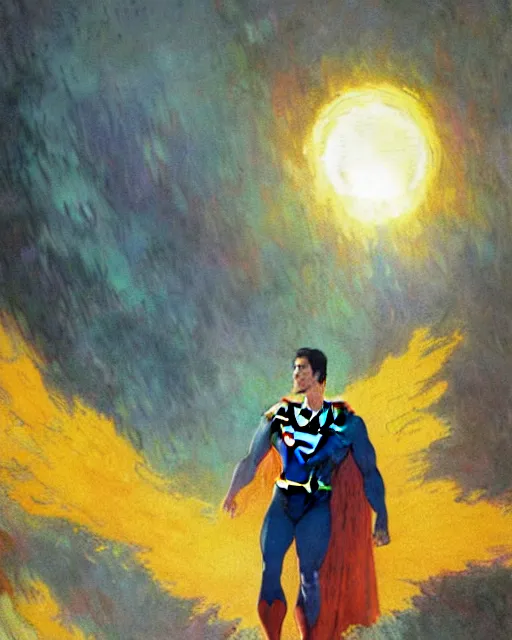 Image similar to superman emerging from the sun, elegant, orange yellow ethereal, horror, fantasy art by greg rutkowski and magali villeneuve and claude monet