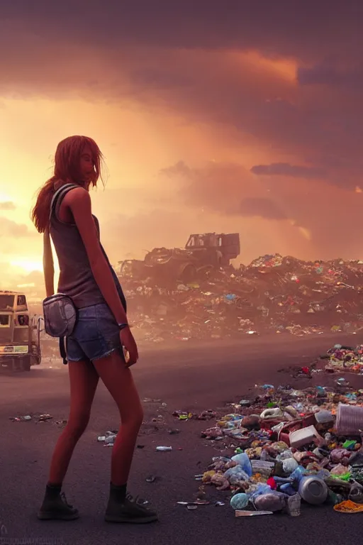 Image similar to wide photo of young woman in mini short with backpack looking at food at garbage dump, destroyed cars, city is pure wasteland, moody sunset background, rays of sunlights, ( ( ( rainbow ) ) ), high details, sharp, photorealism, greg rutkowski, artgerm, unreal engine, highly detailed