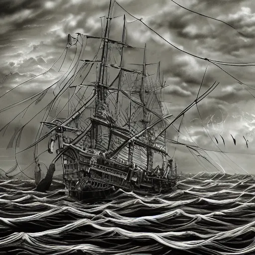 Image similar to a highly detailed hyperrealistic scene of a ship being attacked by giant squid tentacles, ultra realistic, jellyfish, squid attack, dark, voluminous clouds, thunder, stormy seas, pirate ship, dark, high contrast, yoji shinkawa, scary, m.c. Escher, highly detailed, brutal, beautiful, octopus arms attacking the ship from the storm, illusion, artgerm