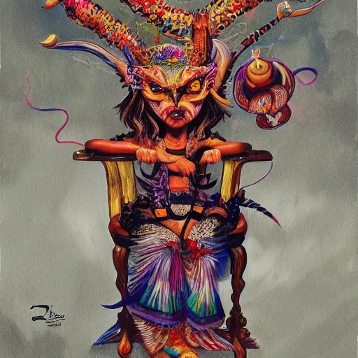 Image similar to a beautiful painting of a demon sitting on top of a chair, a high detailed painting by ram chandra shukla, by ali akbar sadeghi, pixiv contest winner, bengal school of art, symmetrical, coherent, maximalist, trending on artstation