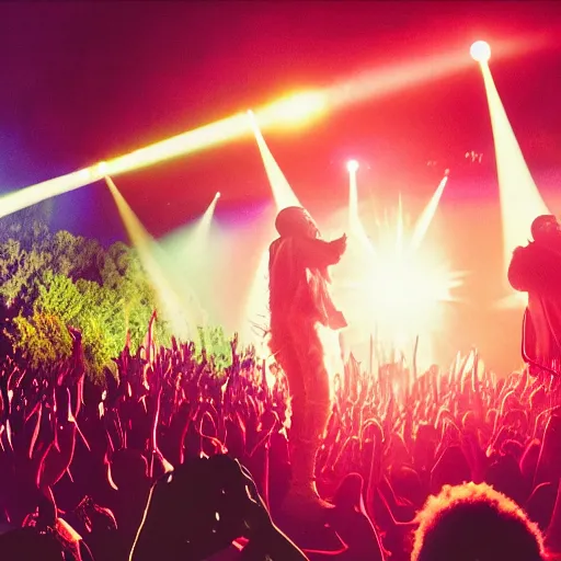 Prompt: a photo of kanye west and kid cudi performing in the middle of a garden, dramatic, ektachrome, vintage, wide angle, warm color palette, light mode, 2. 5 - dimensional, 1 6 k, ultra - hd, megapixel, cga, rays of shimmering light, mist, screen space reflections