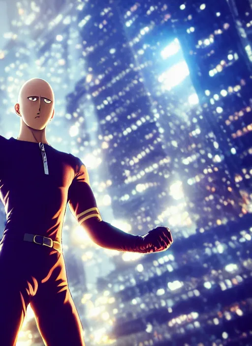 Image similar to Realistic One Punch Man, city background, artistic pose, light atmosphere, cinematic shot, intricate, ornate, photorealistic, ultra detailed, realistic, 100mm, photography, octane, high definition, depth of field, bokeh, 8k, artstation