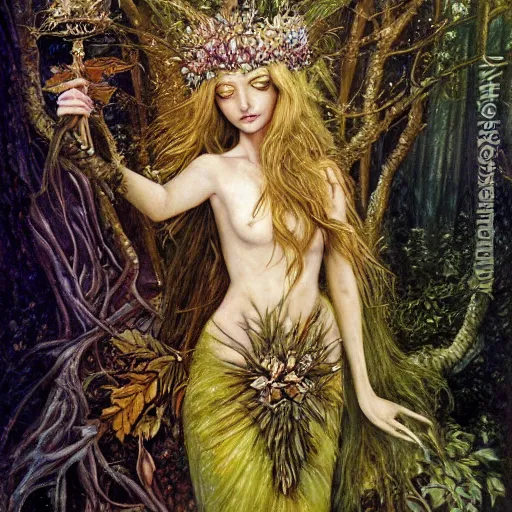 Image similar to fey queen of the summer forest, dress of leaves, fine features, holding a golden scepter, thin, young, silver shimmering hair, by brian froud, dusk scene, night colors, oil on canvas, oil panting