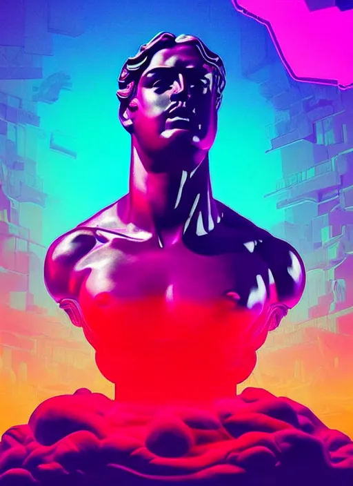 Image similar to statue of hercules, beeple, android jones, ( ( ( ( ( dan mumford ) ) ) ) ), vaporwave, retrowave, black background, neon wiring, black, glitch, strong contrast, cuts, pinterest, trending on artstation