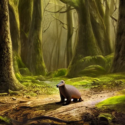 Prompt: detailed photograph of a platypus in a forest, national geographic, realistic, cinematic lighting, 8 k, cute, adorable