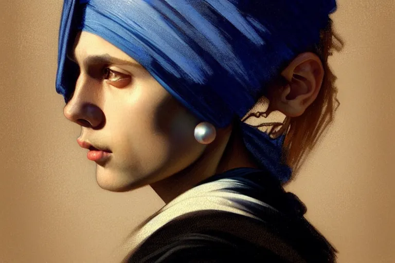 Prompt: Boy with a black pearl earring, portrait, sharp focus, intricate, elegant, digital painting, artstation, matte, highly detailed, concept art, illustration, ambient lighting, art by artgerm, Alphonse mucha, and Greg Rutkowski