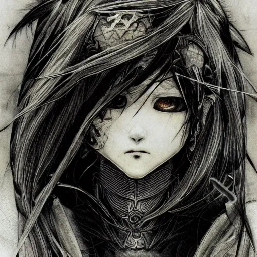 Image similar to yoshitaka amano realistic illustration of an anime girl with black eyes, wavy white hair fluttering in the wind and cracks on her face wearing elden ring armour with engraving, abstract black and white patterns on the background, noisy film grain effect, highly detailed, renaissance oil painting, weird portrait angle, blurred and dreamy portrait, three quarter angle, evangelion color palette