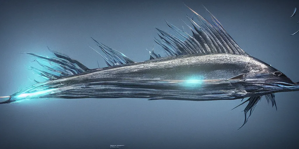 Image similar to sailfish, stylized layered textures, long flowing fins, bioluminescent orbs, 3 d render, substance painter, glowing eye, smooth, sharp focus, art by h r giger