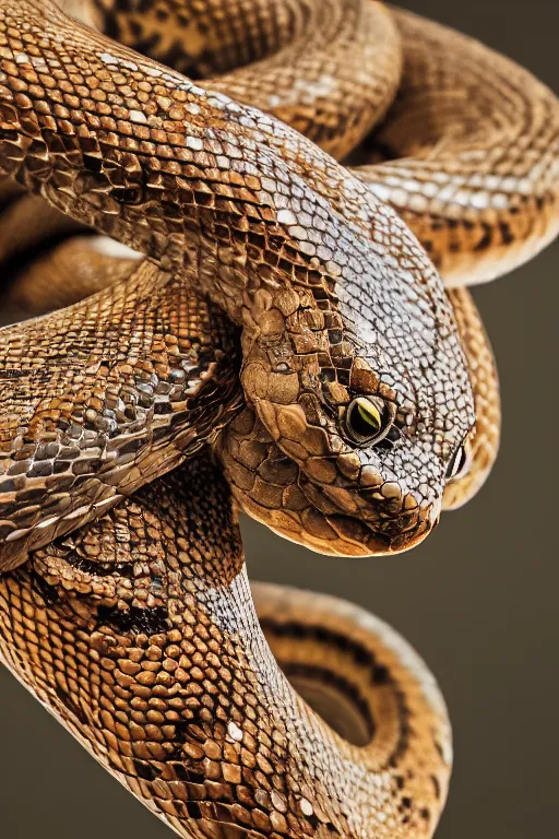 Prompt: a macro photo of a snake staring at the camera, dynamic pose, close - up, intricate details, intricately detailed scales, intricate textures, warm lighting, vivid colors, smoke and mist, realistic octane render, hyper realistic render, volumetric shading, depth of field, raytracing, 8 k,