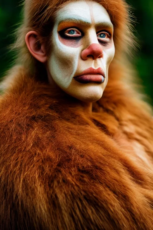 Prompt: a professional portrait photo of a neanderthal woman forest, face paint, ginger hair and fur, extremely high fidelity, natural lighting, national geographic magazine cover.