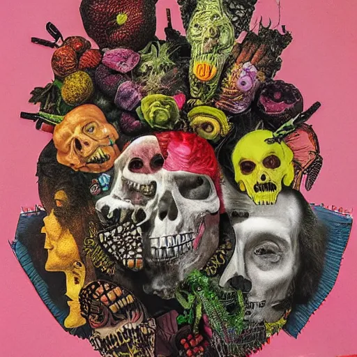 Image similar to punk album cover, blank horizontal banner on top, psychedelic, giuseppe arcimboldo