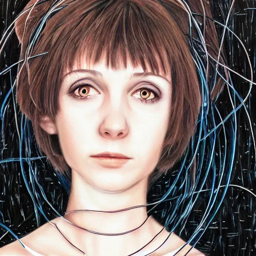 Image similar to beautiful pure evil lain with hundreds of wires coming out of her head, she is in pure bliss, portrait, painting