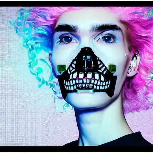 Prompt: a highly detailed symmetric wide shot of Grimes with a head as a diamond skull in a large room simulation with holographic symbolic codes