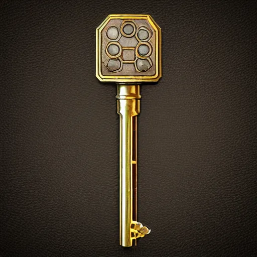 Prompt: a stylised old colorful metal key, key is on the center, rpg game inventory item, rim light, outer glow, on the white background, high poly vray, stylised textures, trending on artstation